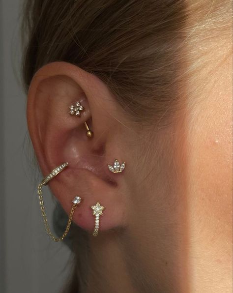 Conch Piercing With 3 Lobes, Tragus Piercing Silver, Conch Tragus Piercing, Piercings On Small Ears, Ear Peicerings Ideas, Cartlodge Piercings, 3 Lobe Piercings And 1 Cartilage, Took Piercing, Piercings Helix Ear