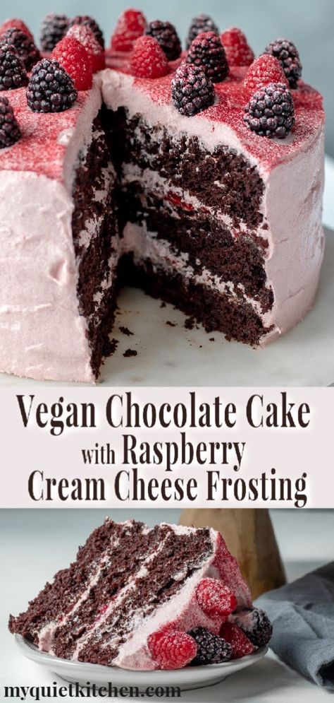 Raspberry Cream Cheese Frosting, Raspberry Cream Cheese, Raspberry Frosting, Vegan Baking Recipes, Chocolate Raspberry Cake, Raspberry Cream, Vegan Chocolate Cake, Vegan Cake Recipes, Decadent Chocolate Cake