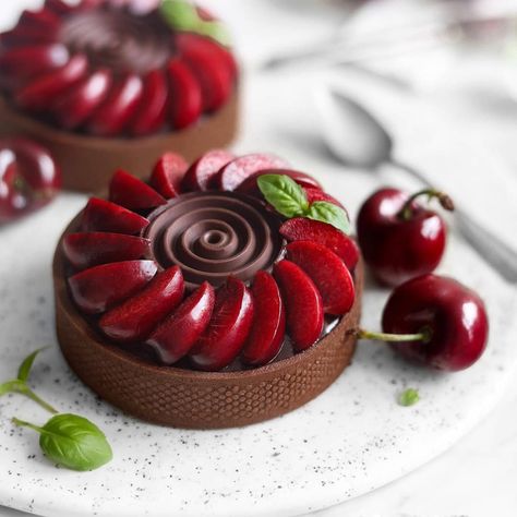 𝗗𝗮𝗿𝗸 𝗰𝗵𝗼𝗰𝗼𝗹𝗮𝘁𝗲 𝗰𝗵𝗲𝗿𝗿𝘆 𝘁𝗮𝗿𝘁𝗹𝗲𝘁𝘀 ~.~ Cherry Tartlets, Chocolate Cherry Tart, Tart Chocolate, Chocolate Cherries, Fine Dining Desserts, Ganache Filling, Vegan Pastries, Chocolate Ganache Filling, Mini Torte