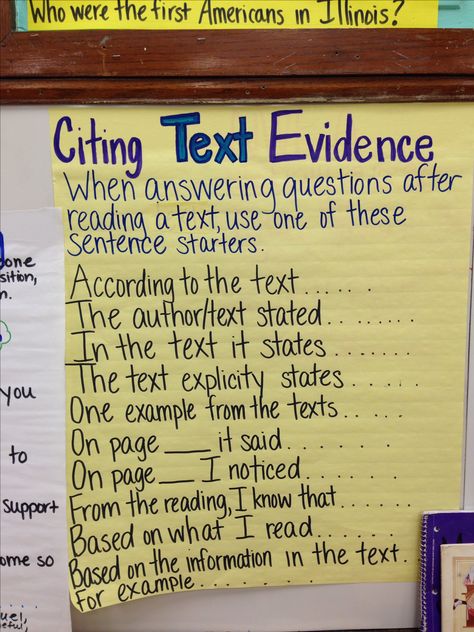 Citing text evidence chart. Will give a copy to past in my ELL and Special Ed students' interactive science journal. Ela Anchor Charts, Citing Text Evidence, Citing Evidence, Textual Evidence, Writing Anchor Charts, 4th Grade Writing, Reading Anchor Charts, Text Evidence, 5th Grade Reading