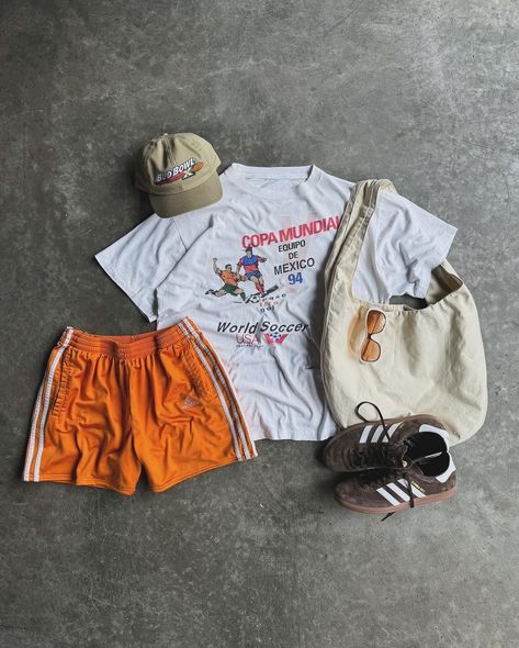 By: @agedivy Check out our shop - link in bio #VintageFashion #vintageclothing #SecondHandClothing #Thiftfinds#VintageWardrobe #Thrifting #ISellClothes #Resale #VintageReseller #Depop Artsy Style Outfits, Vintage Outfit Inspiration, Vintage Summer Outfits, 90’s Outfits, Estilo Hipster, Street Fashion Men Streetwear, Guys Clothing Styles, Adidas Track, Track Shorts