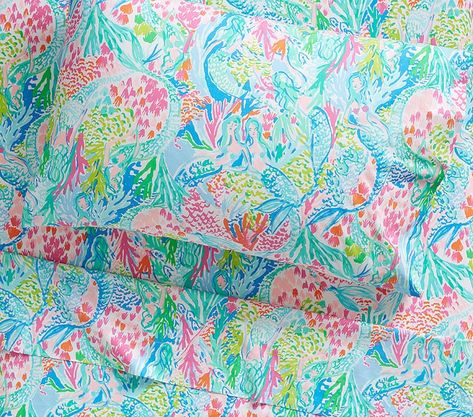 Lilly Pulitzer Organic Mermaid Cove Kids' Sheet Set | Pottery Barn Kids Mermaid Sheets, Lilly Pulitzer Bedding, Mermaid Bedding, Waterproof Mattress Pad, Mermaid Bedroom, Mermaid Cove, Mermaid Room, Chinoiserie Chic, Big Girl Rooms