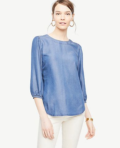 Petite Chambray Lantern Sleeve Top Stylish Petite Woman, Shirred Sleeve, Stylish Petite, Lantern Sleeve Top, Ann Taylor Petite, Petite Blouses, Chambray Top, Petite Tops, Trendy Clothes For Women