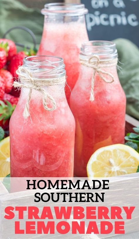 This Homemade Southern Strawberry Lemonade is so refreshing & looks just a great as it tastes!   The weather is finally perfect for southern-style homemade strawberry lemonade and grilled corn on the cob.    Plus, the Strawberry Top Lemonade, Summer Dinner Recipes For Family Crockpot, Strawberry Lemonade Punch Non Alcoholic, Strawberry And Cream Dr Pepper Cake, Best Summer Drinks Non Alcoholic, Southern Drink Recipes, Homemade Southern Dinner Recipes, Strawberry Drink Recipes Non Alcoholic, Best Strawberry Lemonade Recipe