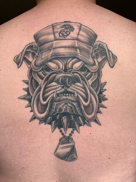 Artist: Joe Capone Marine Corps Bulldog Tattoos, Marine Bulldog Tattoo, Usmc Tattoo Ideas, Usmc Bulldog Tattoo, Devil Dog Tattoo, Marine Tattoo For Men, Marine Corps Tattoo, Fierce Animal Tattoos, Tyler Tattoo