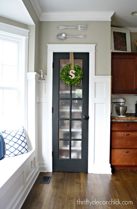 How To Hang Just About Anything Back Deck Doors, Small Pantry Door Ideas Modern, Glass Door Pantry, Door Remodel, Kitchen Pantry Doors, Thrifty Decor Chick, Small Pantry, White Door, Privacy Film