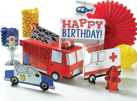 Amazon.com: First Responders "Happy Birthday" Table Centerpiece Decorating Kit - Pack of 6 - Vibrant Multicolor Paper - Perfect for Kids' Birthday Parties & Special Occasions : Home & Kitchen Fire Truck Birthday Party Decorations, Car Traffic, Police Party, Fire Hydrants, Transportation Birthday, Firefighter Birthday, Table Decorating, Diy Balloon Decorations, Centerpiece Table