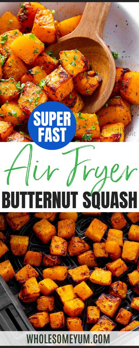 Air fryer butternut squash is much faster and more caramelized than using the oven! It's the perfect easy, sweet and savory side for fall. Quebec Food, Air Fryer Pineapple, Air Fryer Butternut Squash, Harvest Foods, Butternut Squash Recipe, Lenten Recipes, Air Fried Food, Air Fryer Oven Recipes, Airfryer Recipes