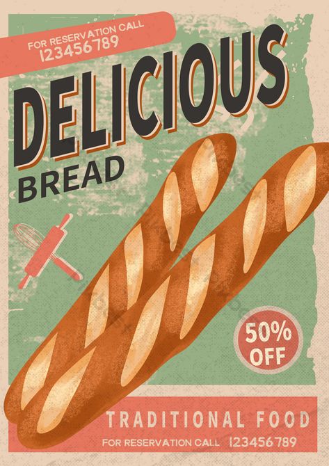 French Bread Illustration, Advertising Posters Design, Food Poster Aesthetic, Bread Graphic Design, Food Vintage Poster, Vintage French Aesthetic, Retro Food Poster, French Graphic Design, Baking Wallpaper