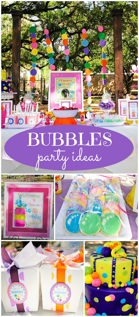 A bubble party is such a fun theme for a toddler's birthday! See more party ideas at CatchMyParty.com! Bubble Party Food Ideas, Bubble Party Ideas, Bubbles Party Theme, Kids Bubble Party, Bubbles Theme Birthday Party, Bubble Party Ideas Kids, Bubble Birthday Party Ideas, Bubble Theme Party, Bubble Birthday Party