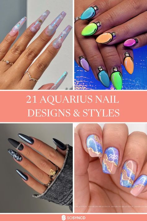 Hey Aquarius! Searching for nail art as unique and visionary as you? We’ve got 21 innovative designs made with your creative spirit in mind. From unexpected color combos to bold, out-of-the-box patterns, these nails reflect your love for the unconventional. Each design is a statement piece, perfect for showcasing your one-of-a-kind style. Express your individuality—click the link and discover a manicure that's truly ahead of its time! Aquarius Inspired Nails, Aquarius Nail Designs, Aquarius Nails Designs, Zodiac Sign Nails, Aquarius Nails, Zodiac Nails, Sky Blue Nails, Velvet Sky, Power Colors