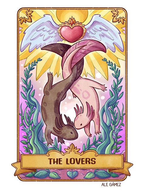 #AxolotlTarot #axolotl #tarot #tarotcards #illustration #lovers #love Notion 2024, Witchy Autumn, Tarot Cards Art Illustration, Dolphin Logo, Tarot Design, Animal Tarot, Tarot Tattoo, The Lovers Tarot Card, The Lovers Tarot