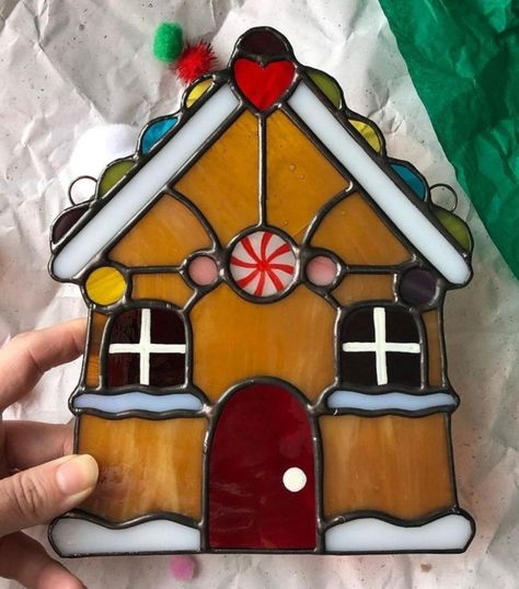 Stained Glass Gingerbread House, Stained Glass Gingerbread, Glass Gingerbread House, Stained Glass House, Stained Glass Christmas Ornament, Gingerbread Designs, Glass Things, Christmas Meals, Glass Houses