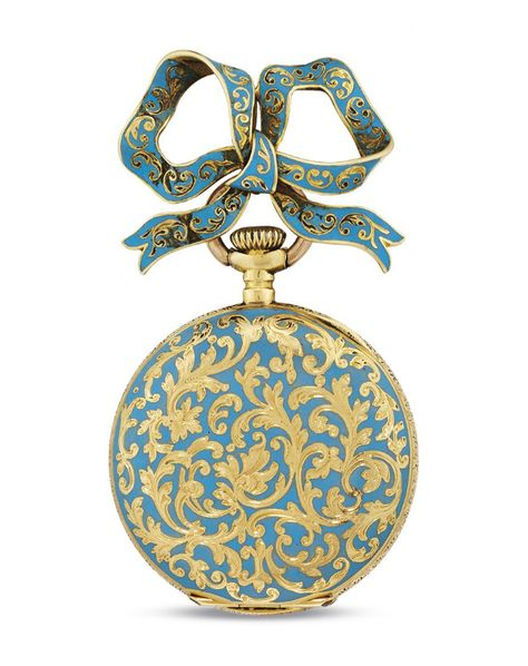 SWISS, GOLD AND ENAMEL OPENFACE KEYLESS LEVER POCKET WATCH WITH PENDANT, NO. 22875, CIRCA 1900. Gilt-finished lever movement, gold cuvette, white enamel dial with Arabic numerals, gold case, bezel and case back decorated with turquoise enamel and gold scrolls, bow pendant with turquoise enamel and gold scrolls, case and cuvette numbered. Diameter: 28 mm. Old Pocket Watches, Art Deco Watch, Antique Fans, Treasure Jewelry, Bow Pendant, Mens Gold Wedding Band, Edwardian Jewelry, Pocket Watch Antique, Fob Watch