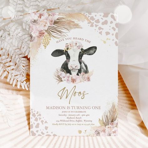 Fluffy Cow Birthday Party, Cow Themed Birthday Party, Cow Print Birthday, Cow Birthday Party, Cow Birthday Parties, Boho Birthday Party, Floral Birthday Invitations, Animals Party, Barn Animals