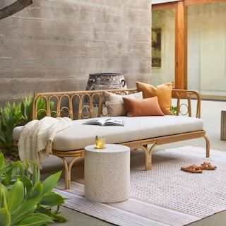 Mid Century Modern Outdoor, Rattan Daybed, Furniture Rattan, Modern Outdoor Patio, White Terrazzo, Outdoor Pouf, Mid Century Modern Dining, Day Bed, Outdoor Stools