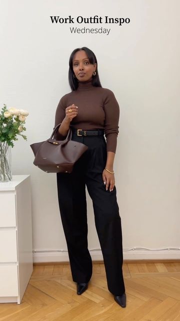 Business Turtleneck Outfit, Turtle Neck Work Outfit Women, Boots Corporate Outfit, Femmeblk Outfits, Turtle Neck Outfit Women Work, Brown Boots Work Outfit, Slacks With Boots, Smart Casual Work Outfit Black Women, Black Women Office Outfits