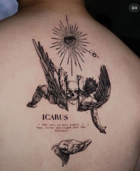 Icarus Tattoo, Cool Back Tattoos, Tatuagem Masculina Pequena, Small Chest Tattoos, Engraving Tattoo, Simple Tattoos For Guys, Back Piece Tattoo, One Piece Tattoos, Wicked Tattoos