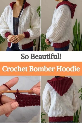 Here's an easy-to-make crochet bomber hoodie tutorial, its author made it especially for the fall season, but we think this one fits great at any time of the year. This hoodie is for a size small, but if you want to use your own measures along it can be used for any size, is very easy to make and adjust. She also used a super simple stitch, the Suzette, which is great for any crocheter. You'll only need two colors of yarn, in this case, white and red, and a 5 & 5.5 mm Hook to crochet this... Crochet Hood, Crochet Cardigan Pattern Free, Hoodie Tutorial, Crochet Hoodie, Simple Stitch, Crochet Cardigan Sweater, Baby Frock Pattern, Hoodie Pattern, Crochet Coat