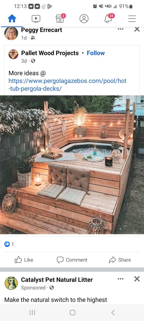 Underdeck Patio Ideas With Hot Tub, Deck Hangout Ideas, Hotub Ideas Deck, Hot Tub Pallet Ideas, Wood Deck With Hot Tub, Hot Tub On Side Of House, Hot Tub Side Yard, Rustic Hot Tub Ideas Backyard, Pallet Hot Tub Deck