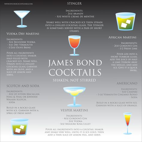 James Bond Cocktails http://www.1stchoicecufflinks.com/blog/dress-like-james-bond/ Bond Wedding Theme, James Bond Wedding Theme, 007 Theme Party, Casino Royale Theme Party, James Bond Wedding, Bond Wedding, James Bond Theme Party, 007 Party, Bond Party