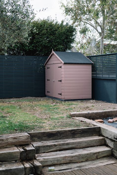 The Garden Before & After 🌿 Cuprinol Sweet Pea, Pink Garden Shed, Small Garden With Shed, Painted Sheds Ideas Colour, Shed Paint Colours, Allotment Shed, Poppy Deyes, Cuprinol Garden Shades, Backyard Planters