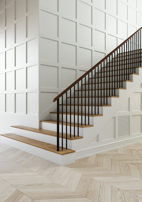 Classic'n'Square on Behance Wall Panelling Staircase, Paneled Staircase, Square Paneling, Stairwell Wall, Stair Paneling, Knee Wall, Stair Wall, Square Windows, New Staircase