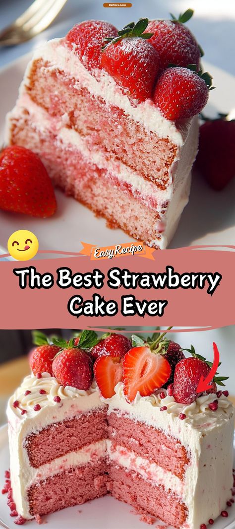 The Best Strawberry Cake Ever Best Strawberry Cake Ever, The Best Strawberry Cake, Best Strawberry Cake, Homemade White Cakes, Delicious Strawberry Cake, Unfrosted Cake, Strawberry Cake Easy, Strawberry Cream Cheese Frosting, Strawberry Things