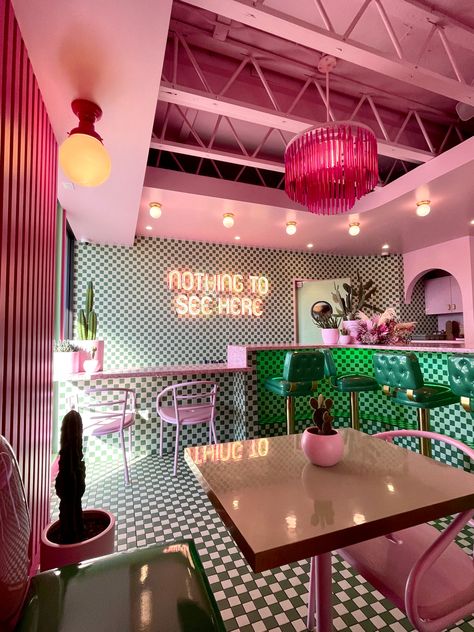 Pink And Green Cafe Interior, Pink And Green Restaurant, Pretty Cafe Interior, Pink And Green Bakery, Girly Restaurant Interior, Cafe Interior Design Colorful, Retro Store Aesthetic, Green And Pink Coffee Shop, Pink Aesthetic Coffee Shop