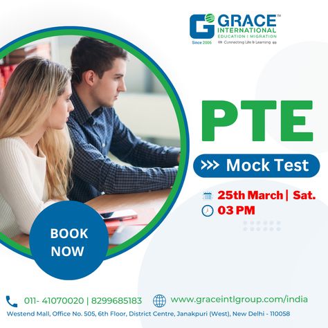 Book PTE Mock Test ✅ 25th March 2023 ✅ Location: Janakpuri, New Delhi Contact No. 082996 85183 #GraceInternational #PTE #PTEExam #PTEMockTest #education #booknow #IELTS #ieltspreparation #TOEFL #toefltest #toeflpreparation Pte Exam, Toefl Test, 25 March, Mock Test, March 2023, New Delhi, Education, Books