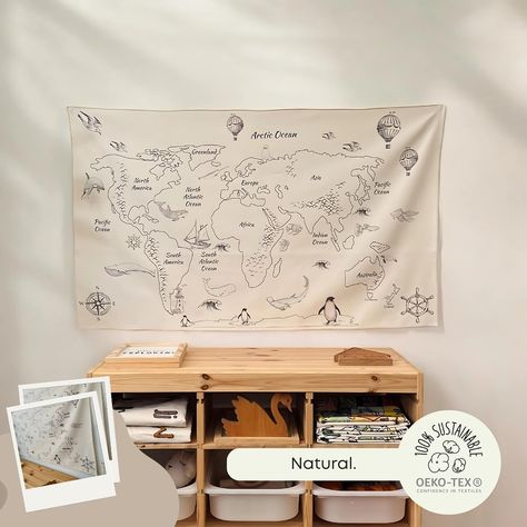 Little explorers with big dreams! 🌍✨ Let their imagination take them on adventures across the globe, from the highest mountains to the deepest oceans. Every corner of the world is waiting to be discovered—one step, one dream, one map at a time! 🗺️💫 #DreamBig #LittleAdventurers #ExploreTheWorld Nursery Tapestry, Tapestry Nursery, World Map Tapestry, Map Tapestry, Fabric Tapestry, Educational Wall Art, Small Wall Hangings, Room Tapestry, Big Boy Room