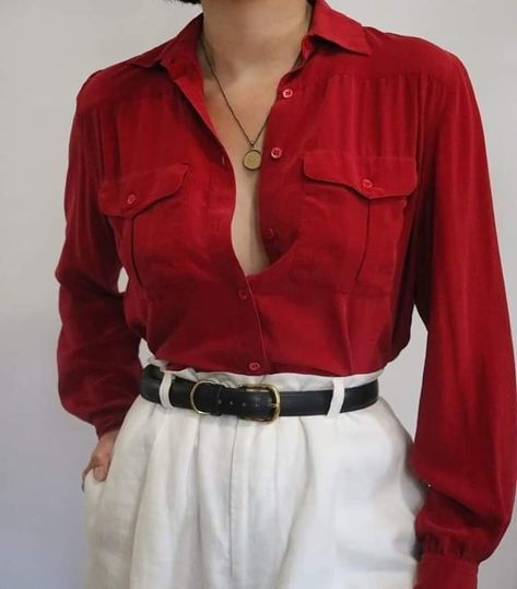 Red Spy Outfit, Red Button Up Shirt Outfit Aesthetic, Unbuttoned Shirt Women Outfit, Red Longsleeves Outfit, Red Button Up Shirt Outfit, Shirt Outfits Women Casual, Red Shirt Outfit, Shirt Outfits Women, Red Collared Shirt