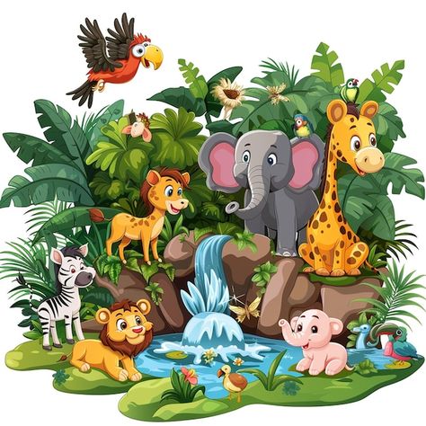 A poster with animals a picture of animals in the cartoon jungle background | Premium AI-generated image Animals Pictures For Kids, Cartoon Pictures For Kids, Cartoon Jungle Background, Jungle Book Cartoon, Jungle Art Projects, Picture Of Animals, Library Preschool, Zoo Clipart, Pictures For Nursery