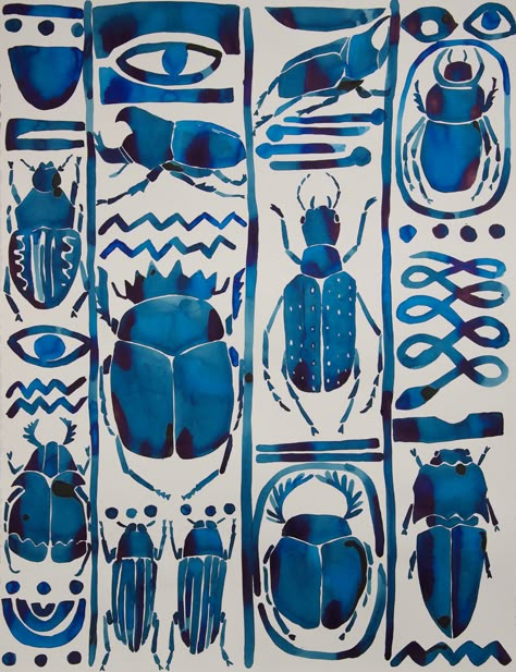 Egyptian Beetles Cobalt_LO Egyptian Art Drawing, Egyptian Design Pattern, Kate Roebuck, Egyptian Beetle, Egyptian Drawings, Egyptian Pattern, Egyptian Painting, Textiles Sketchbook, Egyptian Fashion