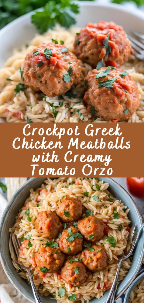 Crockpot Greek Chicken Meatballs with Creamy Tomato Orzo | Cheff Recipes Greek Crockpot Recipes, Orzo Crockpot Recipes, Mediterranean Crockpot Meals, Chicken Meatballs And Orzo, Greek Crockpot, Crockpot Greek Chicken, Chicken Meatballs Crockpot, Authentic Cajun Gumbo, Creamy Tomato Orzo