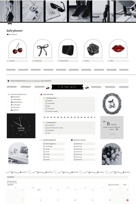 Notion Template Ideas, Notion Dashboard Ideas, Dark Femme Aesthetic Theme, That Girl Notion Notion Dashboard Ideas, Notion Pictures, Notion Template Ideas, Study Planner Free, Notion Inspo, Notion Ideas, Life Planner Organization, Etsy Planner, Notion Dashboard