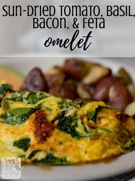 how to make the best simple and easy omelets - This recipe uses sun-dried tomatoes, bacon, basil, and feta cheese to make a mouthwatering omelette that is sure to delight breakfast, brunch, lunch, and dinner crowds! It is healthy and low carb. How To Cook Omelette, Tomato And Cheese Omelette, Best Veggie Omelette Recipe, Spinach Feta Omelette Recipe, Sundried Tomato Omelette, Spinach And Tomato Omelette, Easy Omelet, Homeschool Meals, Egg Bakes