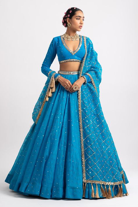 Buy Vvani by Vani Vats Blue Organza Zari Embroidered Lehenga Set Online at Aza Fashions Vani Vats, Heavy Dupatta, Organza Lehenga, Indian Outfits Lehenga, Organza Blouse, Traditional Indian Dress, Blue Lehenga, Embroidered Lehenga, Indian Wedding Outfits