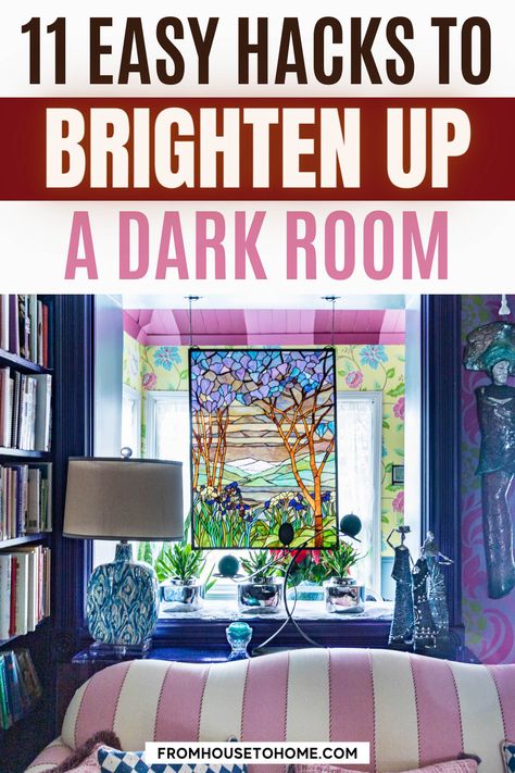 Looking for solutions on how to brighten a dark room in your home? These interior design ideas work well for spaces with dark floors, dark walls, dark furniture, and even rooms with no windows at all! From home decor to additional lighting, there are many options to help make a dark room look brighter. Small Room No Windows Ideas, Rooms With No Windows, Brighten Up A Dark Room, Windows Interior, Brighten Room, Hidden Lighting, Sewing Room Storage, Drawing Room Decor, Dark Living Rooms