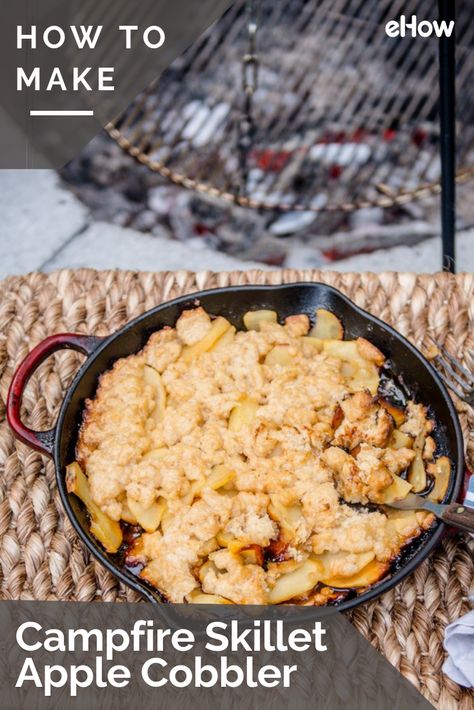 This campfire skillet apple cobbler is the perfect camping dessert! It's super quick to prepare in advance, packs and travels like a dream and creates the most impressive fireside treat. Once you've made a dessert this delicious on the fire, you'll never go camping without it again! Skillet Apple Cobbler, Campfire Cobbler, Skillet Desserts, Campfire Desserts, Camping Desserts, Cobbler Topping, Apple Cobbler, Cast Iron Recipes, Dutch Oven Recipes