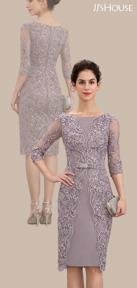 Sheath/Column Scoop Neck Knee-Length Satin Lace Mother of the Bride Dress With Beading Bow(s) #motherofthebridedress #lace #Dusk #sheath Mother Of The Bride Dresses Modern, Dresses For Mother Of The Groom, 30th Birthday Dresses For Women, Gaun Satin Dresses, Dress Brokat Modern Simple, Dress Kebaya Modern, Brides Mom Dress, Dress Brokat Modern, Gaun Dress