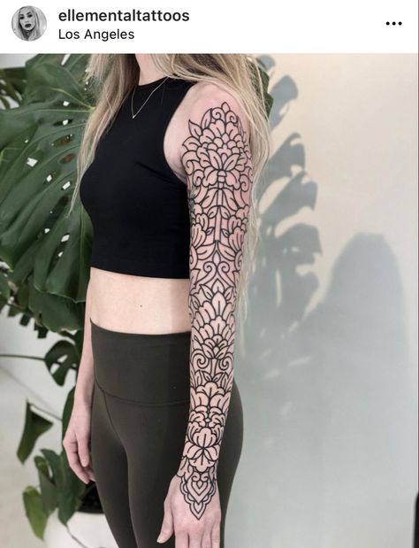 Tattoo by @ellementaltattoos Floral Henna Tattoo Designs, Ornamental Arm Sleeve, Ornamental Tattoo Leg, Ornamental Tattoo Design Mandalas, Ornamental Sleeve Tattoo, Ornamental Tattoo Sleeve, Ornamental Leg Tattoo, Shara Ishvalda, Floral Ornamental Tattoo