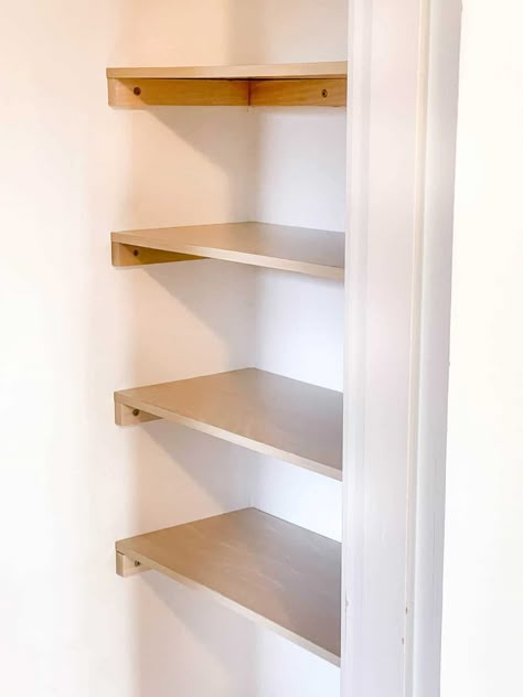 Reclaim that space in the side of your closet! These DIY closet shelves are super easy to make with just a couple of tools! Get your closet organized and get more storage space in that awkward side of your closet! Diy Closet Shelves, Closet Built Ins, Closet Organized, Framing Construction, Simple Closet, Storage Cupboard, Closet Renovation, Closet Organization Diy, Solid Wood Shelves