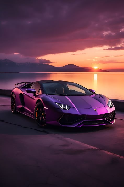 , #Media, #Graphics, #AD, #AI Purple Lamborghini, Sunset Scenery, Luxury Cars Rolls Royce, Dream Cars Mercedes, Purple Car, Mom Car, Lovely Car, Cool Car Pictures, Lamborghini Cars