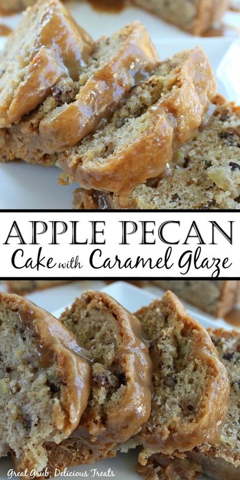 Apple Pecan Cake with Caramel Glaze is a scrumptious cake recipe loaded with apples and pecans, topped with a caramel glaze. #applecakerecipes #greatgrubdelicioustreats Caramel Apple Pound Cake Recipe, Apple Pecan Cake With Caramel Glaze Recipe, Apple Pecan Bundt Cake Recipes, Glazed Loaf Cake, Apple Pecan Caramel Cake, Apple Pecan Pound Cake, Apple Bread With Caramel Glaze, Recipes With Cooking Apples, Small Batch Apple Cake Recipe