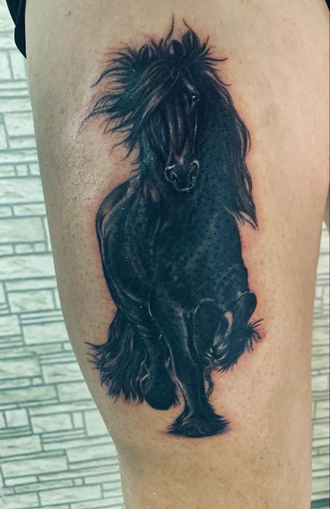 Horse Thigh Tattoo, Black Horse Tattoo, Horse Tattoo, Tattoo Design Book, Friesian Horse, Design Book, Cover Up Tattoos, Black Horse, Black And White Portraits