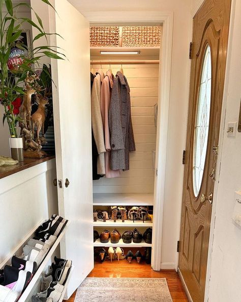 12 Reach-In Closet Ideas for a Stylish Upgrade Entry Coat Closet, Coat Closet Design, Front Entry Closet, Small Entry Closet, Closet Decor Ideas, Entry Closet Makeover, Entry Closet Ideas, Entry Closet Organization, Coat Closet Storage