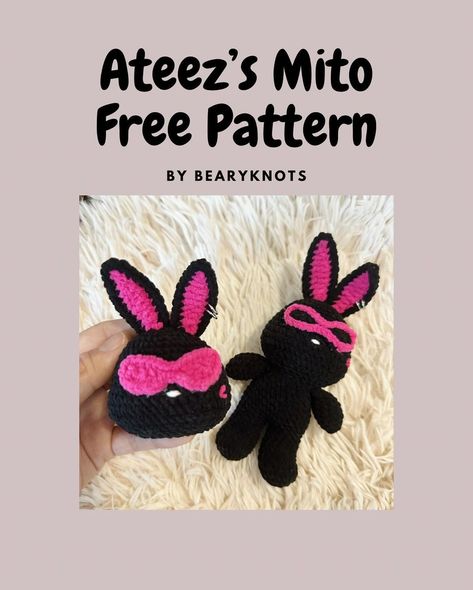 Elaine's Crochet | [FREE PATTERN] Ateez’s Mito bunny crochet pattern is finally released!! 🖤🩷 So happy to have my second pattern written with everyone’s... | Instagram Aniteez Crochet Pattern, Ateez Crochet Pattern, Crochet Ateez, Mito Ateez, Ateez Crochet, Kpop Crochet Pattern, Kpop Crochet, Crochet Cami, Bunny Crochet Pattern