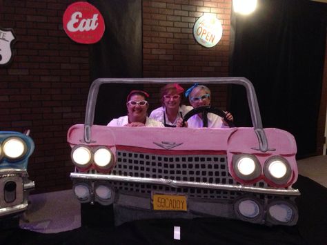 Styrofoam car prop Grease Float Ideas, Grease Halloween Decorations, Car Photo Booth, 1950s Party Ideas, 50s Party Decorations, Grease Themed Parties, 50s Birthday, Grease Theme, Grease Party