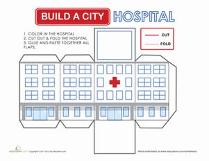 Can you believe this cut-out can fold into a mini hospital building? Add to your paper city masterpiece with this printable. You and your child can color, cut and fold together, building her fine motor skills and her imagination. Print on thicker paper, and you'll have a city that will last for years. Keep on constructing with more Build a City sheets. #educationdotcom Printable Buildings Templates, Paper City Printable, Hospital Model, Paper House Printable, Build A City, Paper House Template, Origami Templates, Building Crafts, Free Paper Models